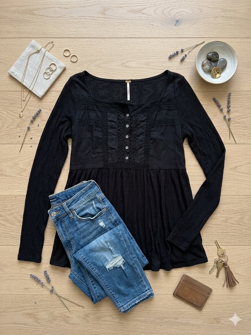 Free People Black Long Sleeve Top - Lace Detail - Button Front - Size XS